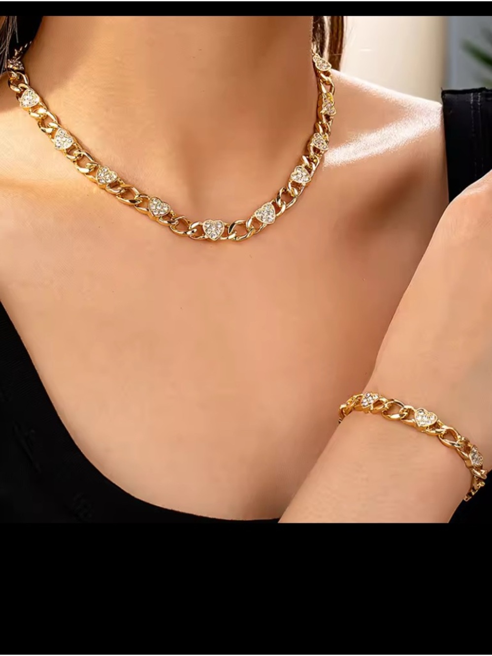 Gold Heart Link Necklace and Bracelet Set - Women Jewelry